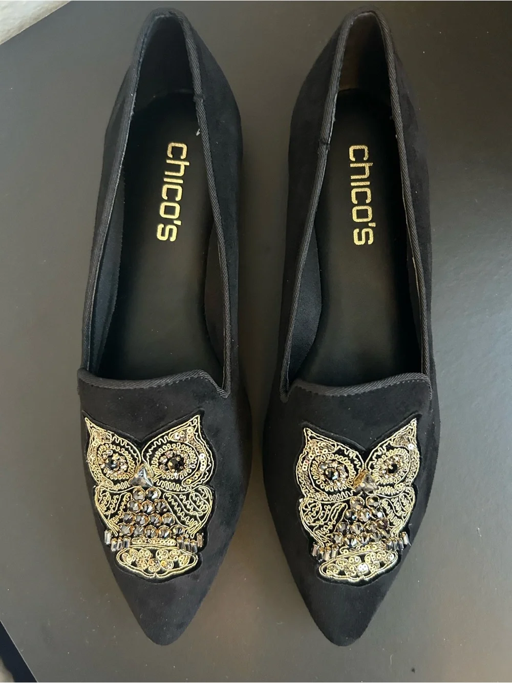Chico’s Black Suede Pointed Toe Flats Gold beaded Owl Embellishment Size 6.5
